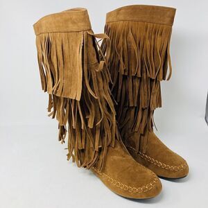 Yoki Mudd Fringe Boots Brown Sz 10‎ Girls Vegan Cloth Suede Side Zip